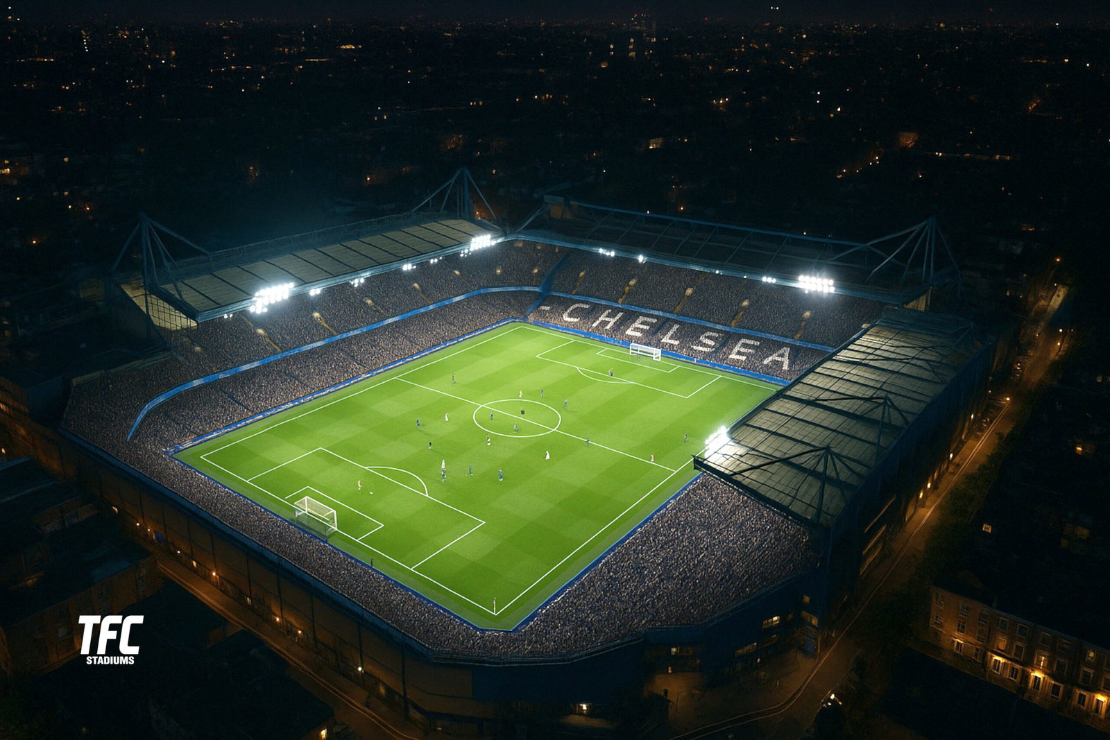 Stamford Bridge at Night with crowd