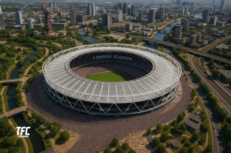 London Stadium aerial view including surrounding landmarks