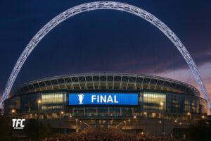 Fans arrive at Wembley Stadium for a final under the famous arch
