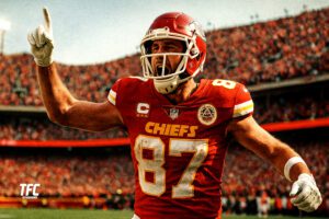 Travis Kelce celebrates at Arrowhead Stadium