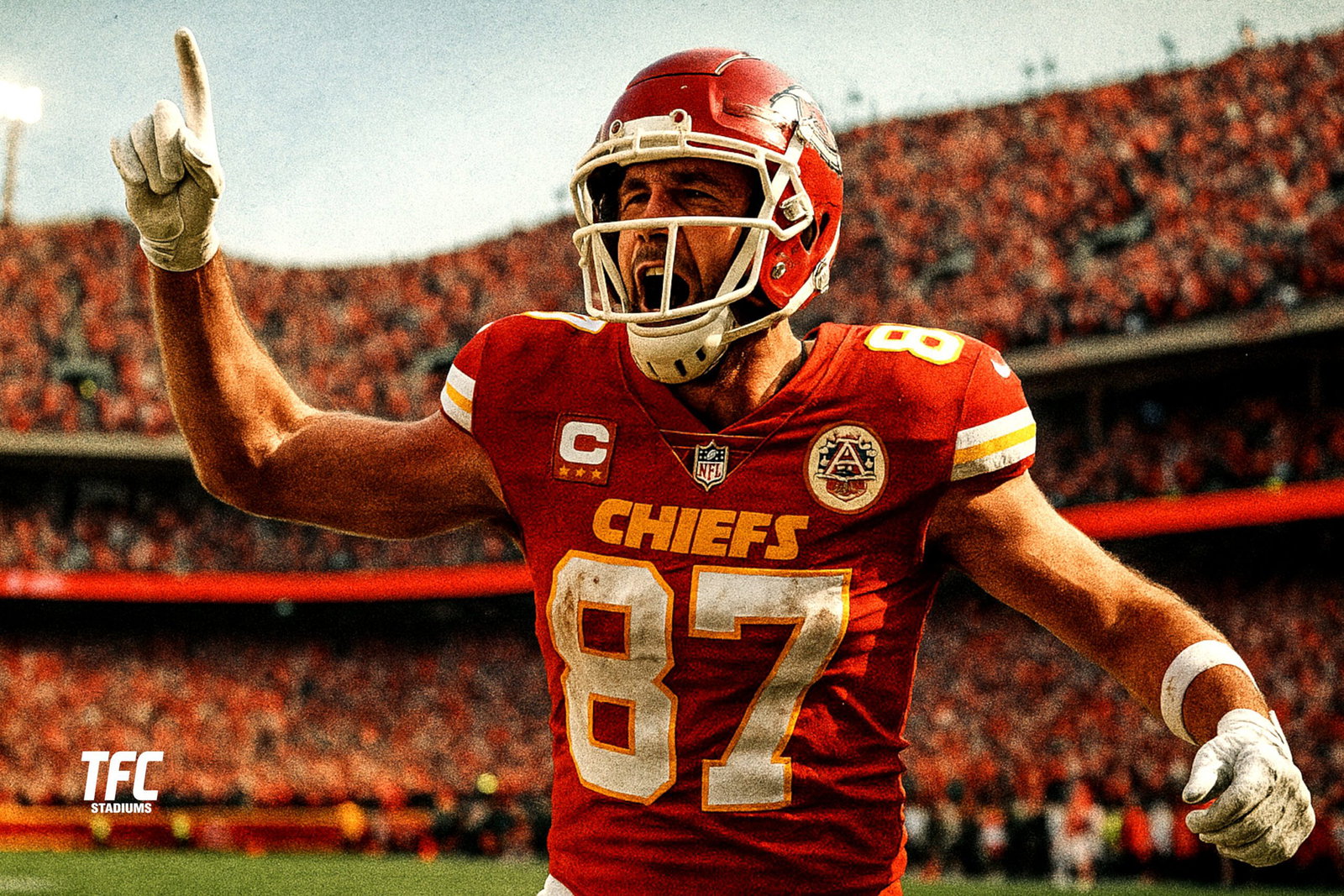 Travis Kelce celebrates at Arrowhead Stadium